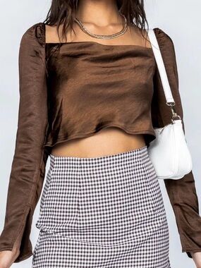Princess Polly Satin Long Sleeve Cropped Blouse Top Brown US 0